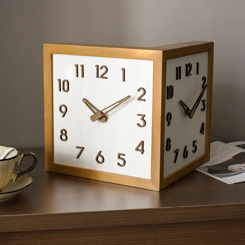 Dresden Collection | Sculptural Atomic-Era Dual-Sided Walnut Clock - featuring close-up joinery and artisanal finish quality in a Mid-Century Modern living room setting.