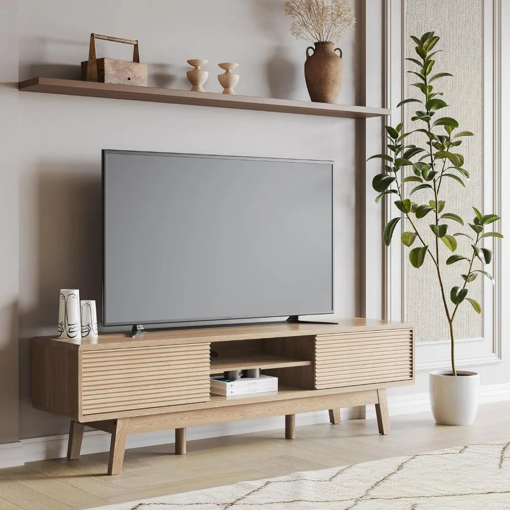 Dresden Collection | Fluted Desert-Modern Fluted Oak Media Console - presented at scale within a designed interior in a Mid-Century Modern entryway setting.