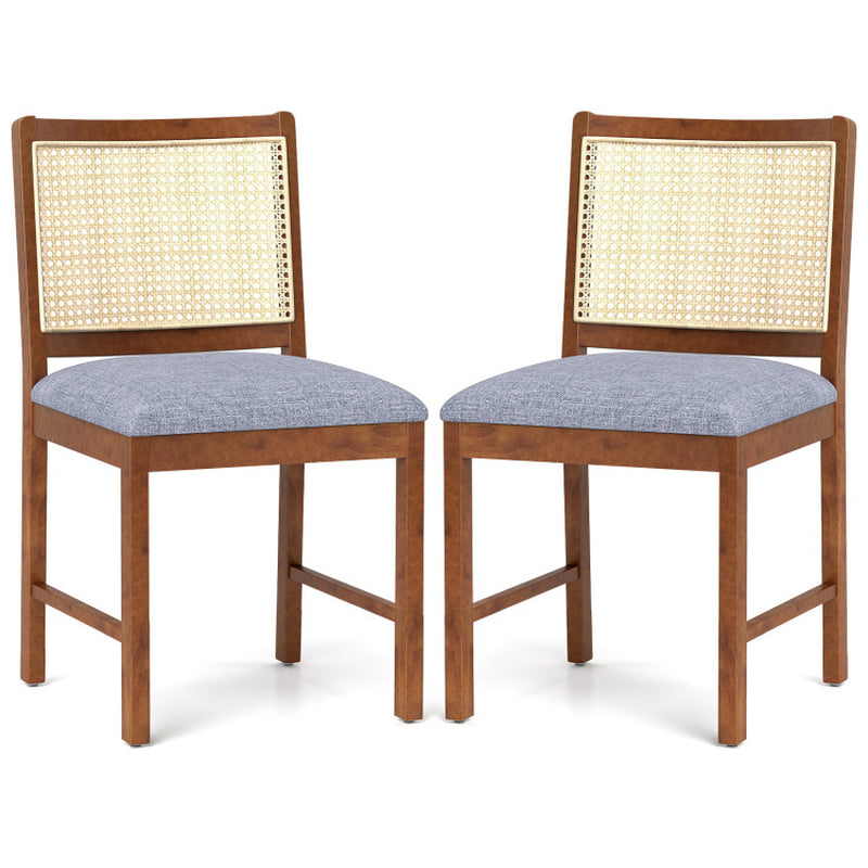 Rattan Dining Chair Set of 2 with Rubber Wood Frame and Linen Fabric Padded Seat