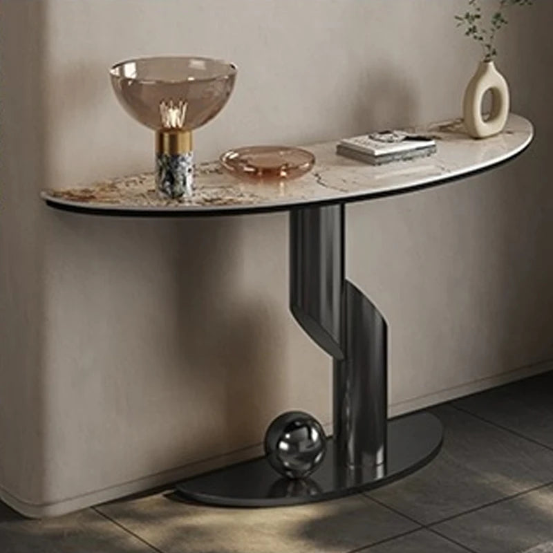 Dresden Collection | Geometric Walnut Console - exhibiting shadow play and geometric silhouette detail in a Mid-Century Modern entryway setting.