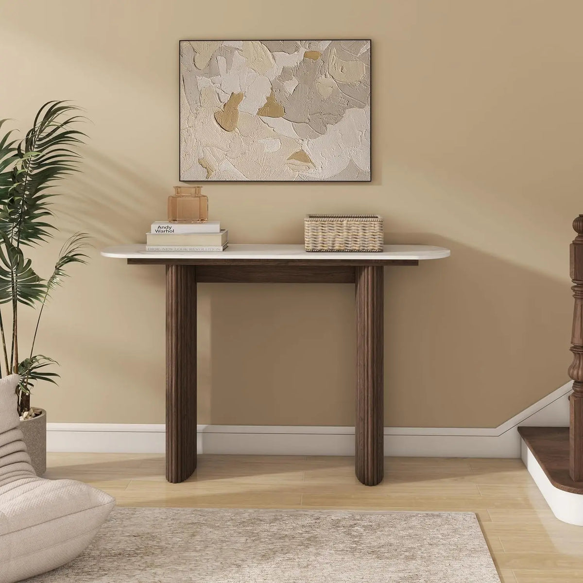 Astoria Collection | Tapered-Leg Atomic-Era Walnut Console - framed in an editorial still-life composition in a Mid-Century Modern entryway setting.