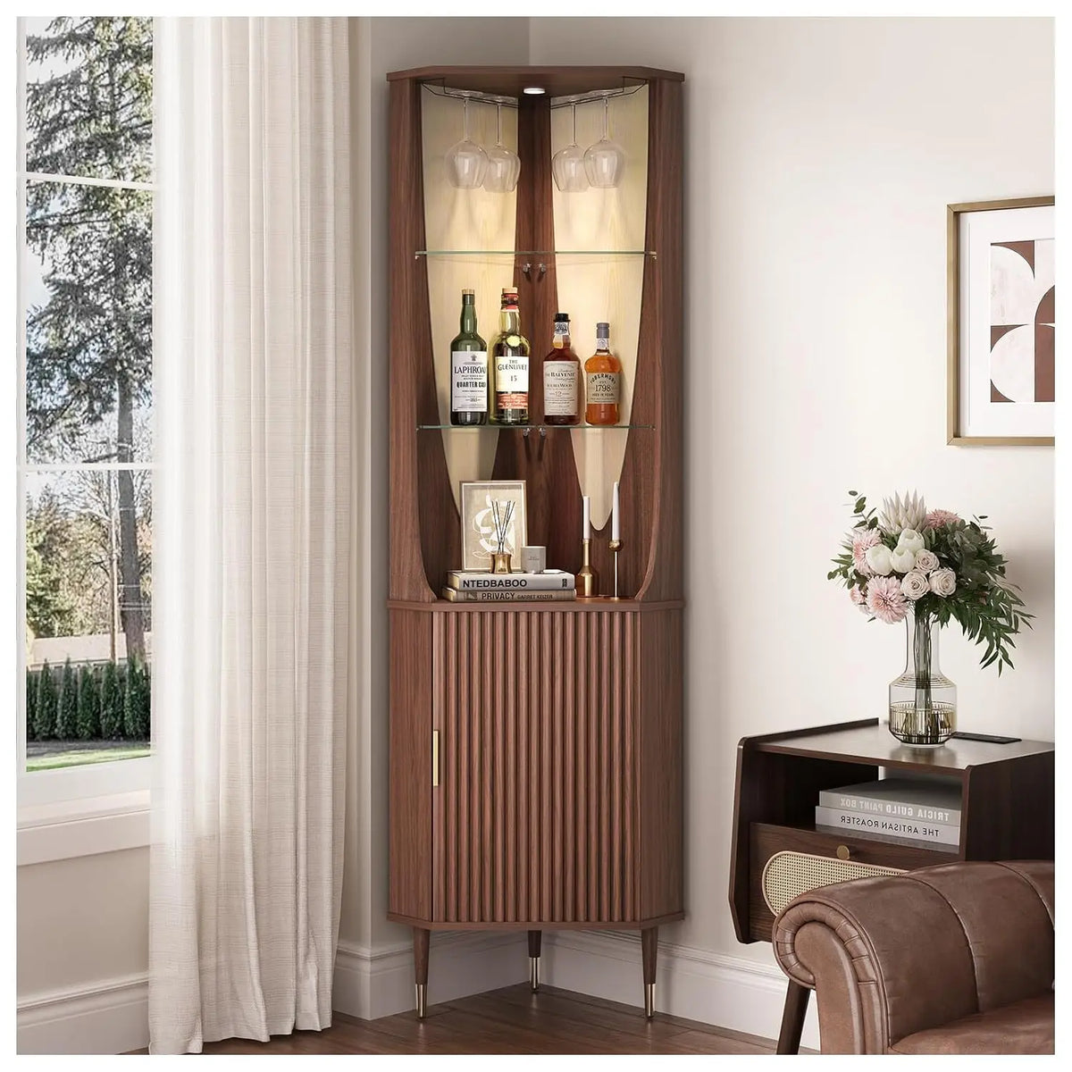 Fontaine Collection | Fluted Glass-Topped Walnut Corner Bar Cabinet - demonstrating proportional harmony within the collection in a Mid-Century Modern dining room setting.