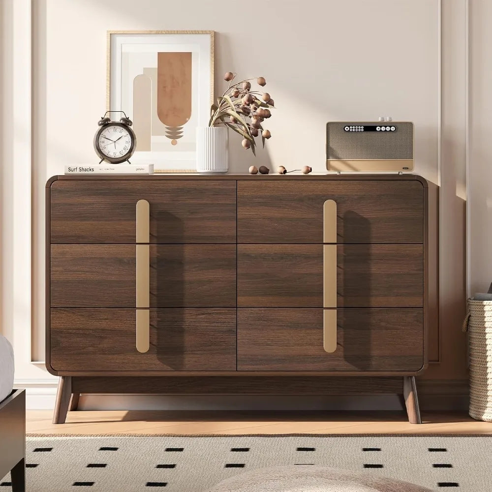 Dresden Collection | Tapered-Leg Brass-Accented Walnut Six-Drawer Dresser - styled from an alternate angle revealing dimensional depth in a Mid-Century Modern bedroom setting.