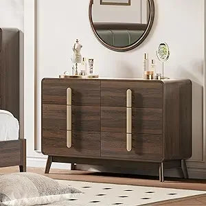 Dresden Collection | Tapered-Leg Brass-Accented Walnut Six-Drawer Dresser - captured in a curated lifestyle vignette in a Mid-Century Modern bedroom setting.
