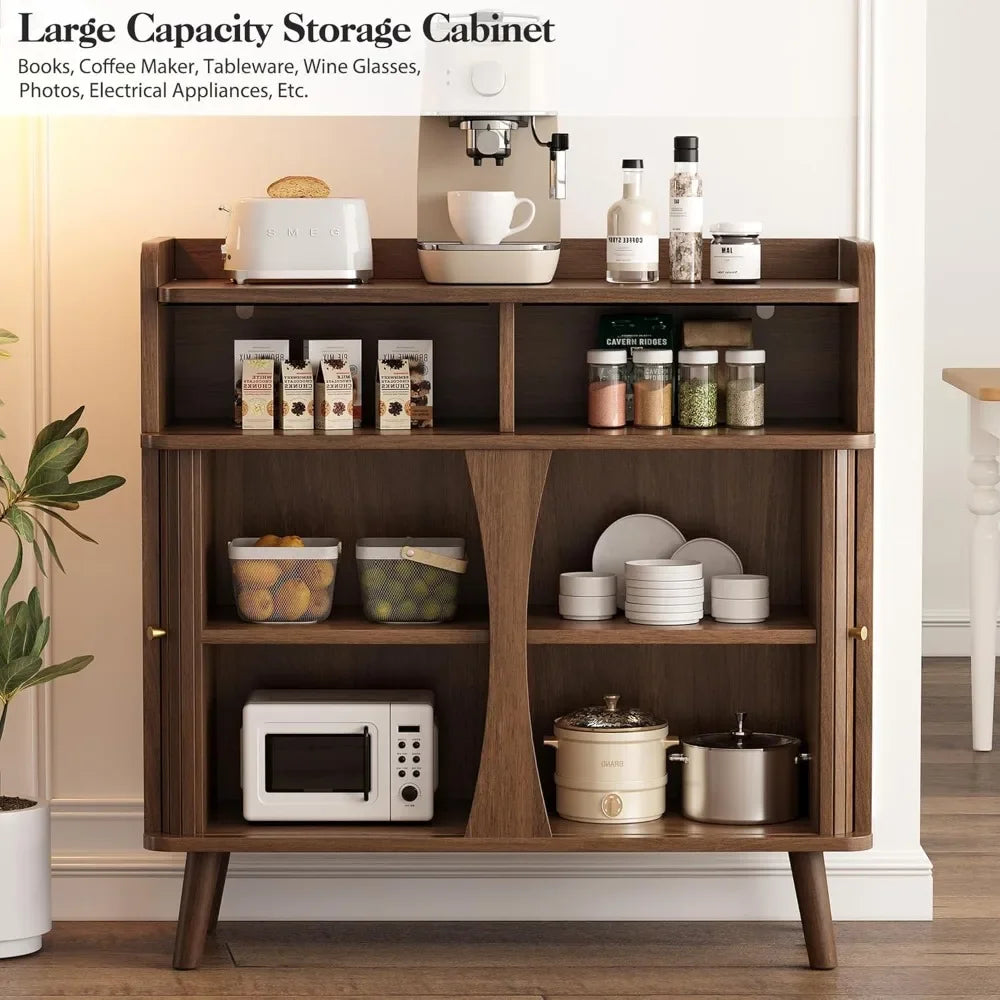 Belmont Collection | Tapered-Leg Brass-Accented Walnut Buffet - styled from an alternate angle revealing dimensional depth in a Mid-Century Modern living room setting.