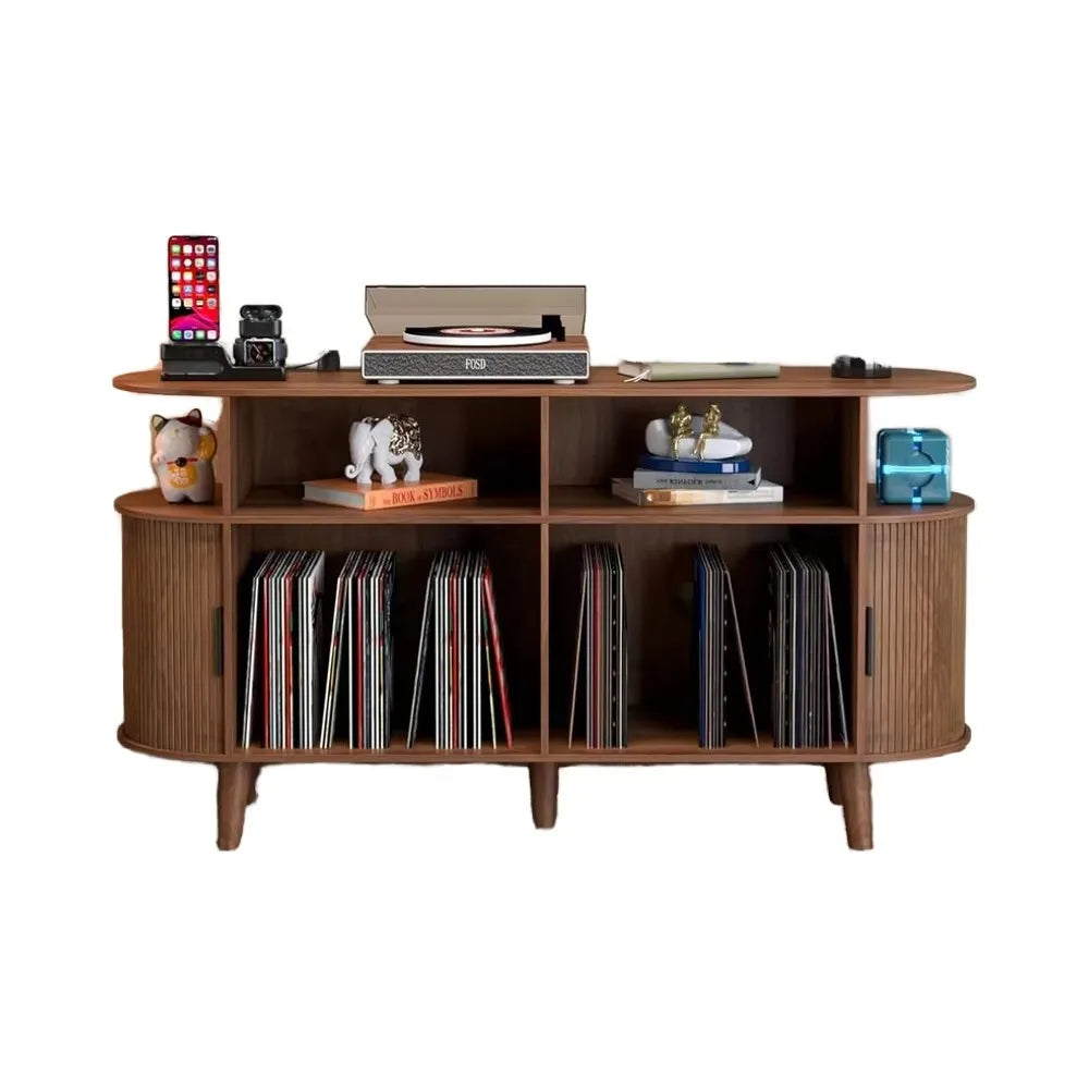 Ellington Collection | Gold-Trimmed Atomic-Era Walnut Record Console - featuring close-up joinery and artisanal finish quality in a Mid-Century Modern entryway setting.