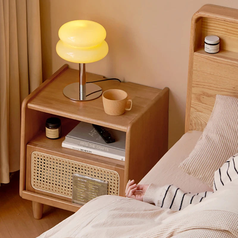 Dresden Collection | Streamlined Atomic-Era Lacquered Walnut Nightstands - presented at scale within a designed interior in a Mid-Century Modern bedroom setting.