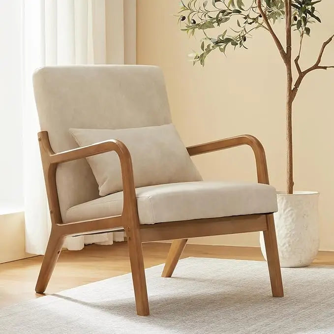 Belmont Collection | Sculptural Brass-Accented Walnut Accent Chair - framed in an editorial still-life composition in a Mid-Century Modern living room setting.