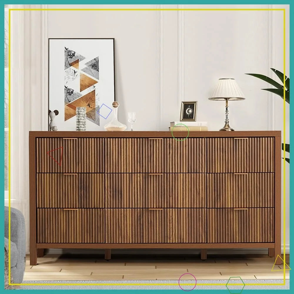Belmont Collection | Tapered-Leg Atomic-Era Walnut 9-Drawer Dresser - styled from an alternate angle revealing dimensional depth in a Mid-Century Modern bedroom setting.