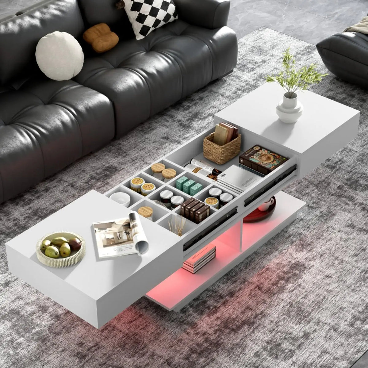 Astoria Collection | Hairpin-Legged Brass-Accented Walnut Expandable Coffee Table - framed in an editorial still-life composition in a Mid-Century Modern living room setting.