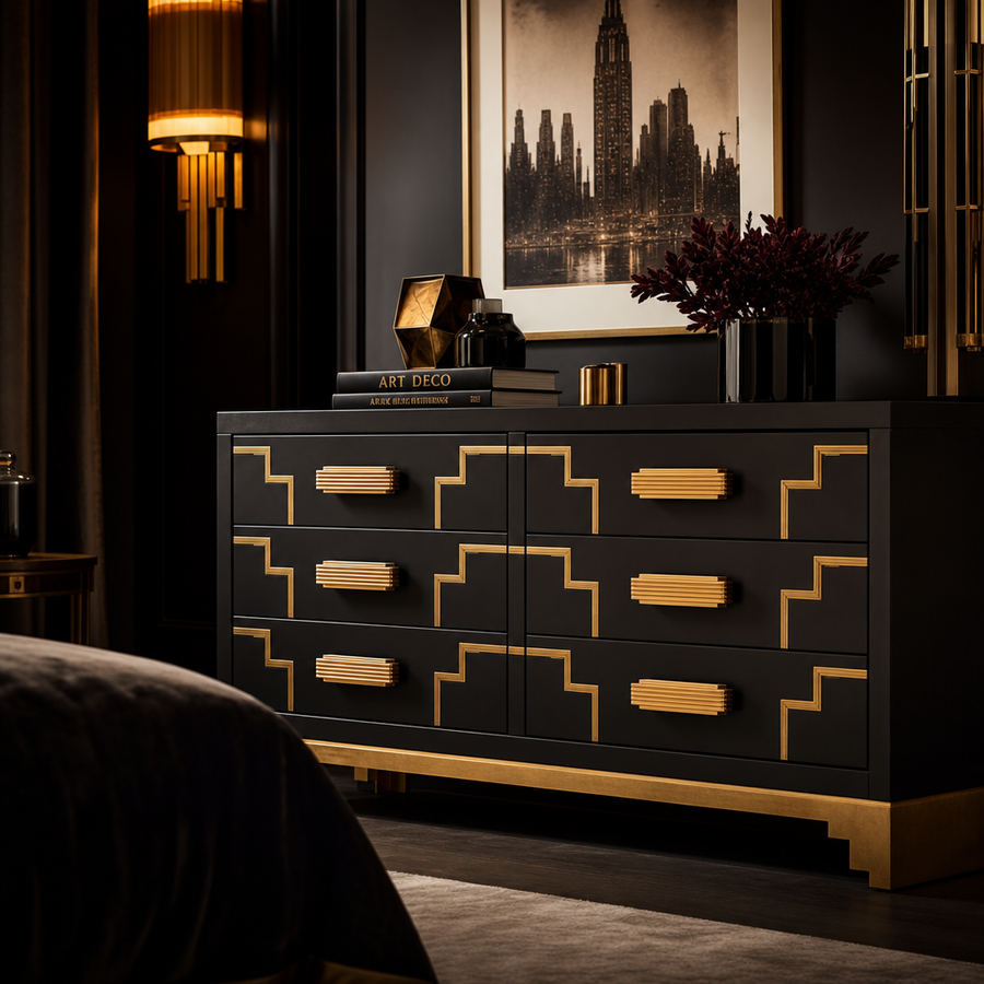 Dresden Collection | Tapered-Leg Stone-Top Onyx & Brass Inlay Dresser - showcasing full sculptural form and curated finish in a Mid-Century Modern bedroom setting.