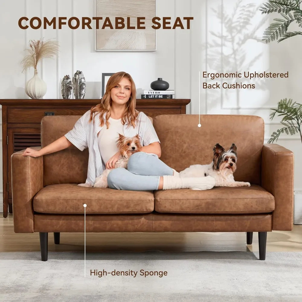 Ellington Collection | Tapered-Leg Leather-Wrapped Vegan Leather Loveseat - featuring close-up joinery and artisanal finish quality in a Mid-Century Modern living room setting.