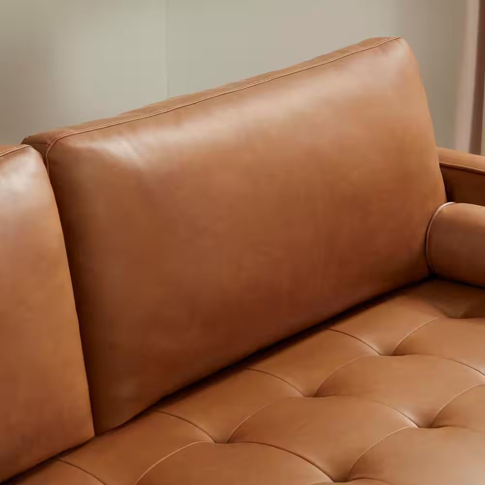 Goodwin 75.6 In. Square Arm Faux Leather Mid-Century Modern Sofa with Bolster Pillows in Caramel Brown