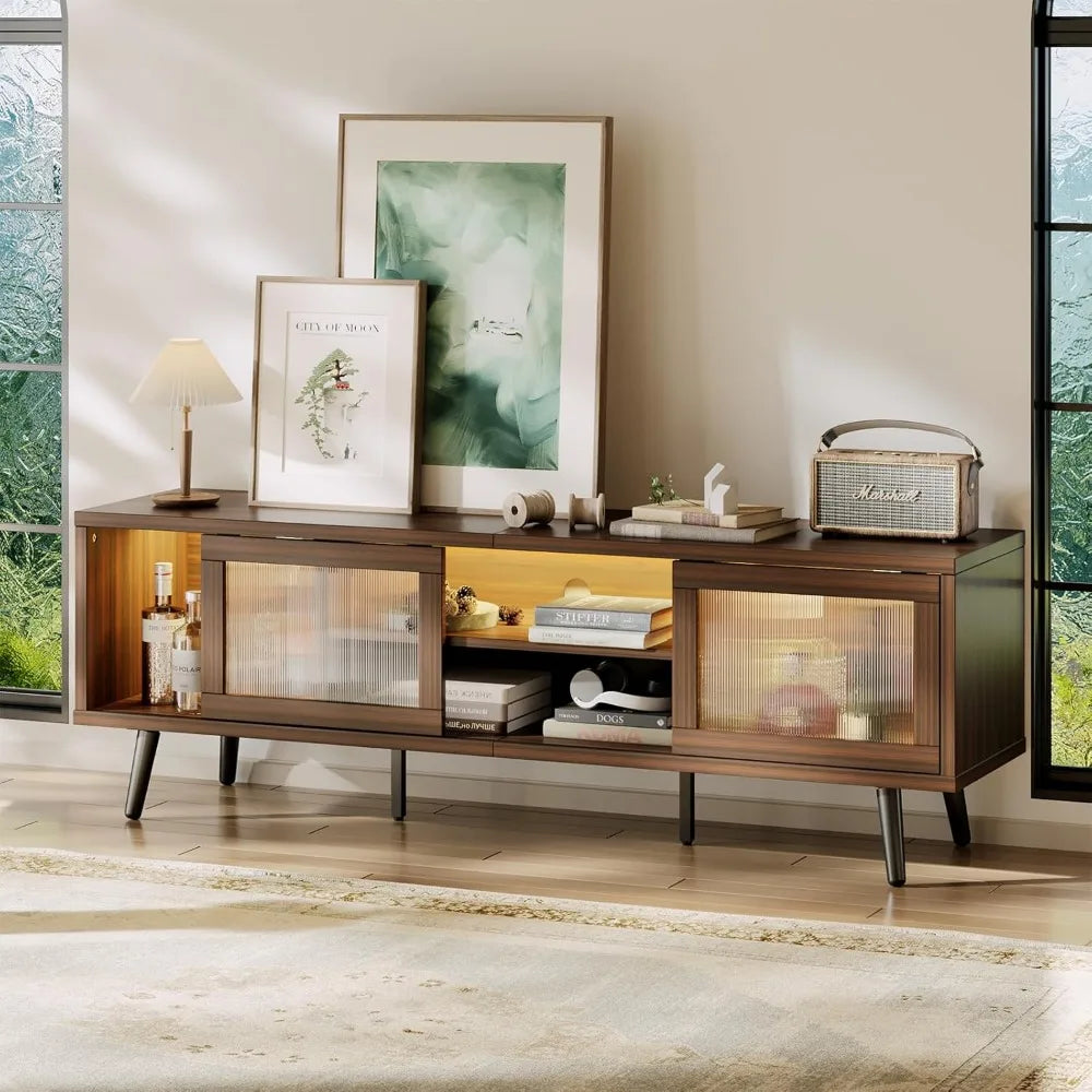 Harlow Collection | Floating California Walnut TV Stand with LED Lighting - showcasing full sculptural form and curated finish in a Mid-Century Modern living room setting.