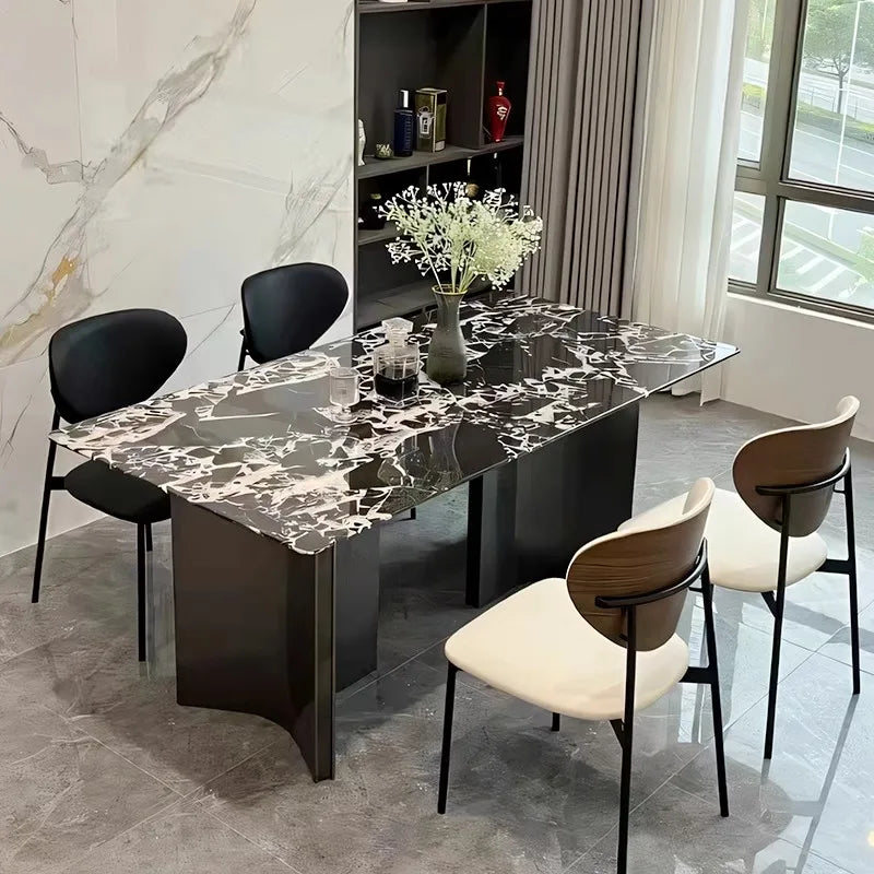 Belmont Collection | Geometric Marble-Topped Carrara Marble Dining Table - captured in a curated lifestyle vignette in a Mid-Century Modern dining room setting.