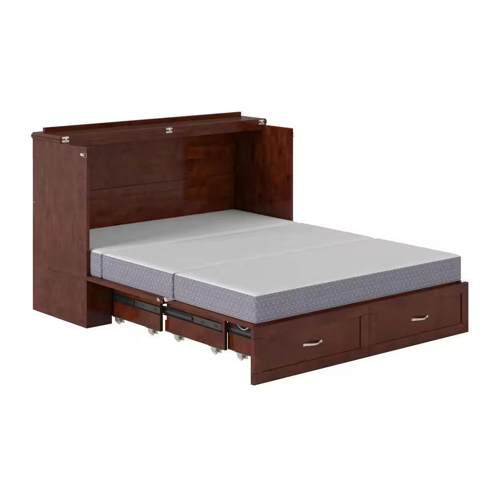 Hamilton Walnut Brown Wood Frame Queen Murphy Bed Chest with 6 In. Mattress, Storage and Built-In Charger