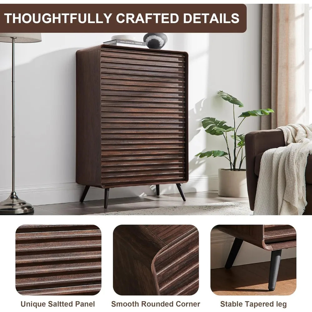 Ellington Collection | Fluted Atomic-Era Fluted Walnut Dresser - presented at scale within a designed interior in a Mid-Century Modern bedroom setting.