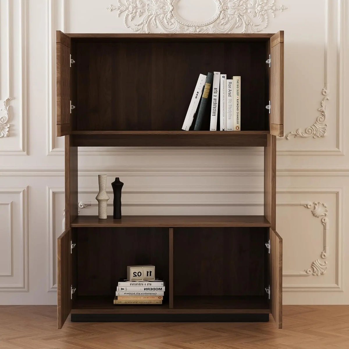 Dresden Collection | Compact Nordic Walnut Storage Cabinet - captured in a curated lifestyle vignette in a Mid-Century Modern living room setting.