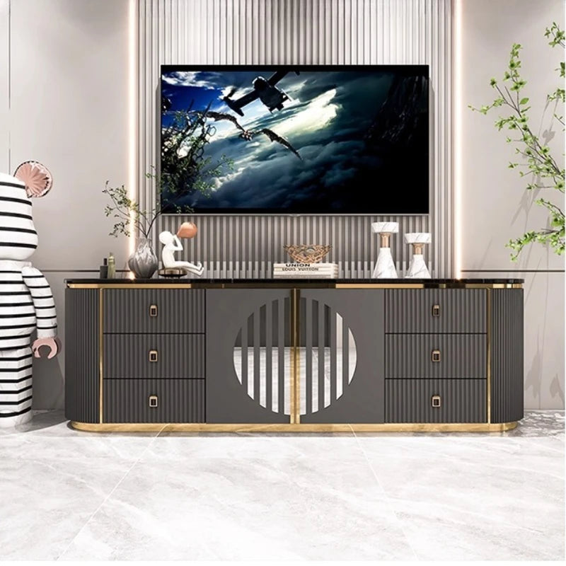 Belmont Collection | Tapered-Leg Brass-Accented Rich Walnut Media Console - captured in a curated lifestyle vignette in a Mid-Century Modern entryway setting.