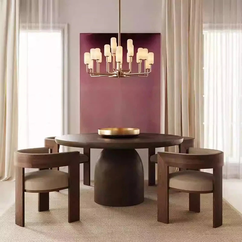 Ellington Collection | Sculptural Rattan-Woven Cane-Woven Dining Chairs - styled from an alternate angle revealing dimensional depth in a Mid-Century Modern dining room setting.