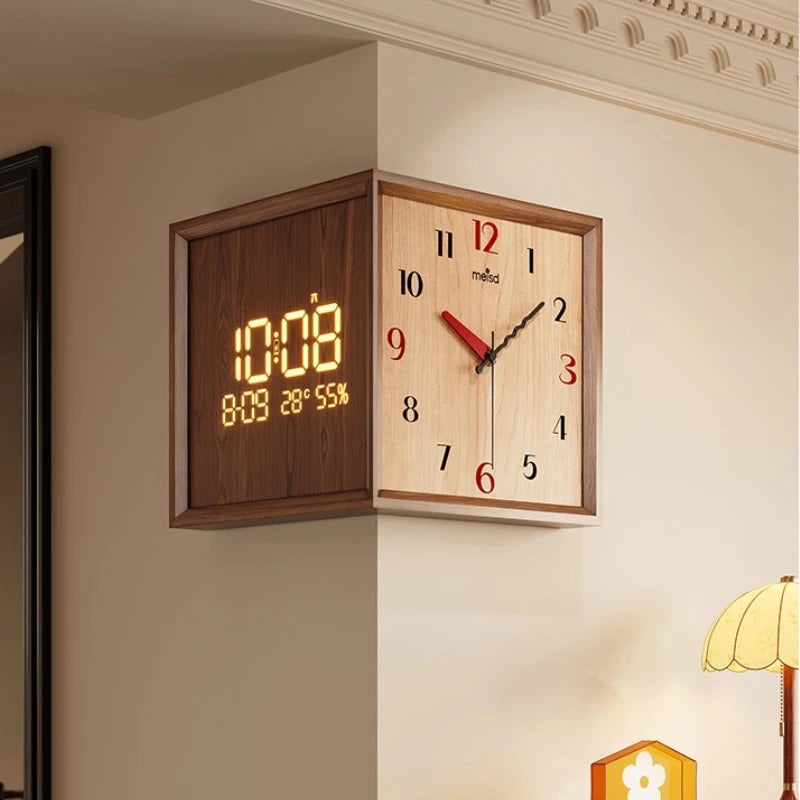 Dresden Collection | Geometric Atomic-Era Walnut Digital Clock - presented at scale within a designed interior in a Mid-Century Modern living room setting.