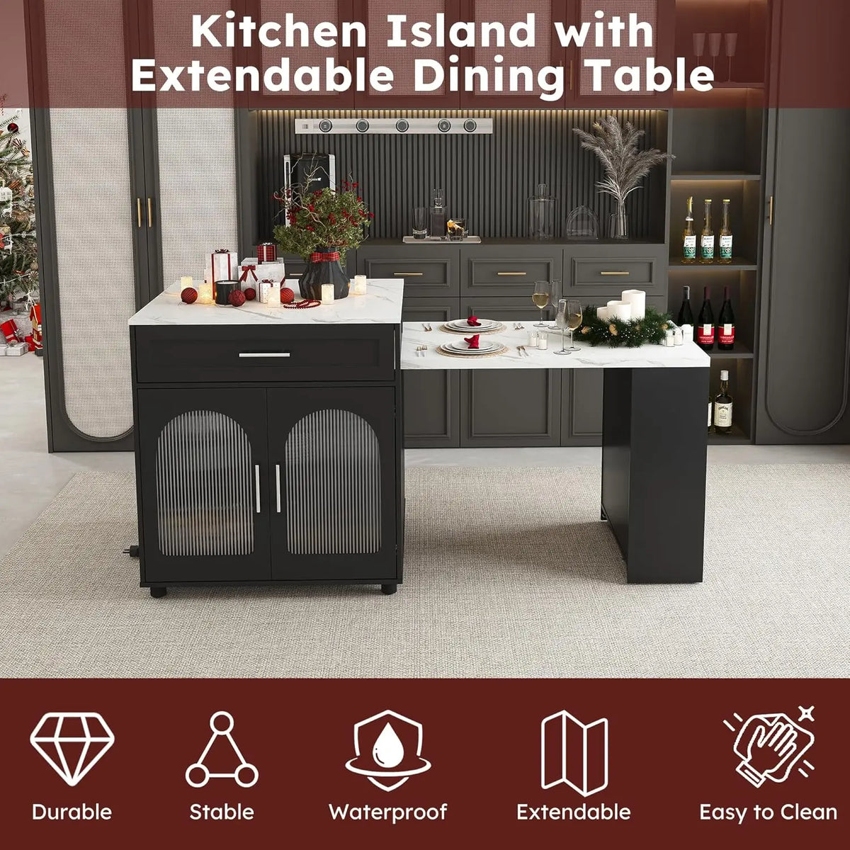 Ellington Collection | Tapered-Leg Brass-Accented Walnut Kitchen Island - revealing tonal warmth and surface patina under ambient light in a Mid-Century Modern kitchen setting.