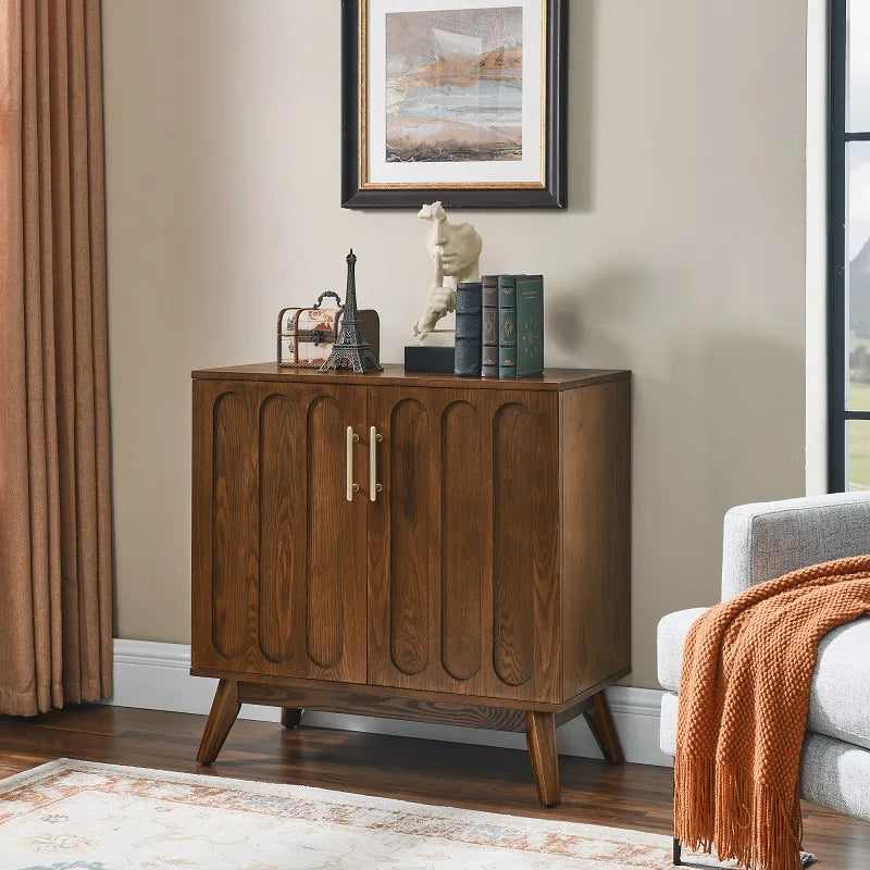 Fontaine Collection | Geometric Brass-Accented Walnut Cabinet - highlighting material texture and craftsmanship detail in a Mid-Century Modern living room setting.