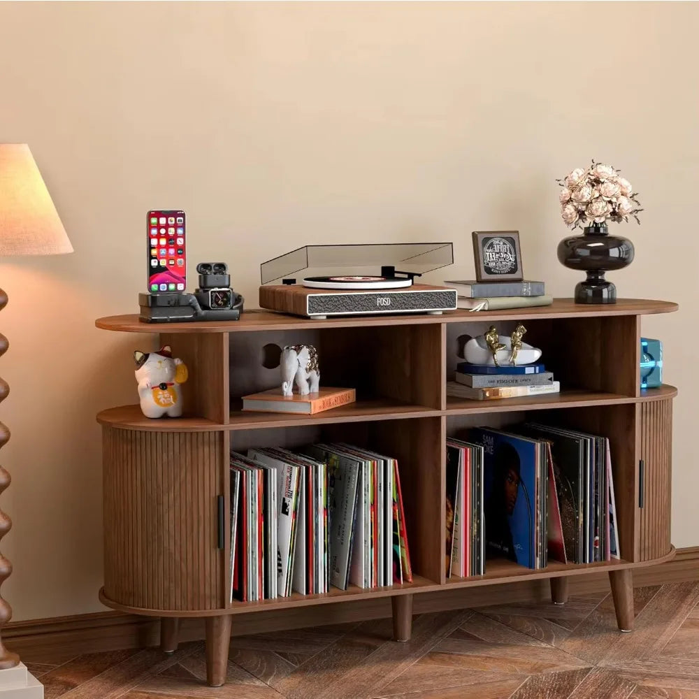 Ellington Collection | Gold-Trimmed Atomic-Era Walnut Record Console - presented at scale within a designed interior in a Mid-Century Modern entryway setting.