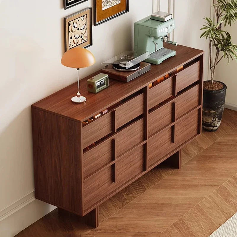 Dresden Collection | Geometric Brass-Accented Walnut Storage Cabinet - showcasing full sculptural form and curated finish in a Mid-Century Modern living room setting.