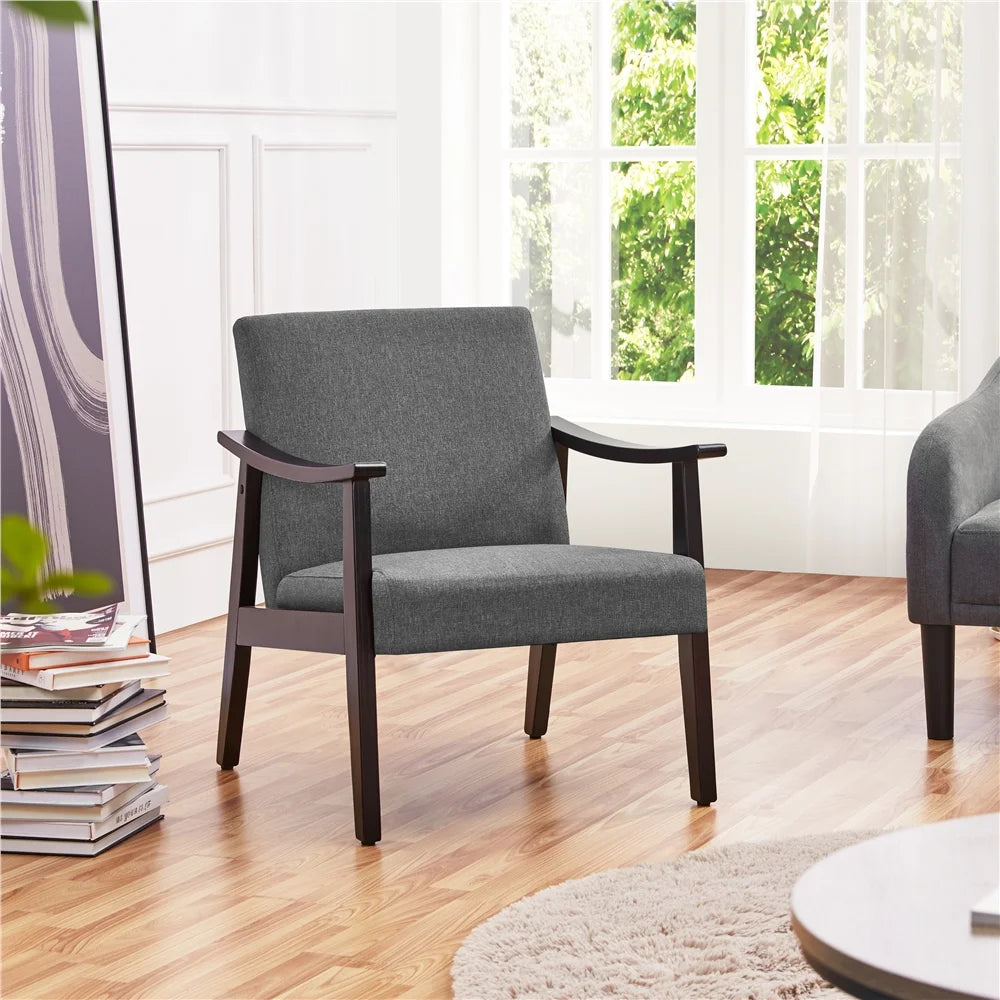 Mid-Century Modern Accent Chair with Wooden Frame, Dark Gray Fabric
