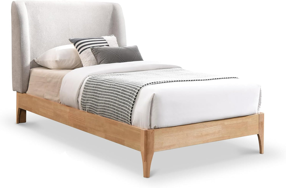 Meridian Furniture Venturagrey-T Ventura Collection Mid-Century Modern Upholstered Twin Bed, Soft Grey Fabric, Finished Rubberwood Legs, Slats, 44" W X 77.5" D X 44.5" H, Grey, Twin