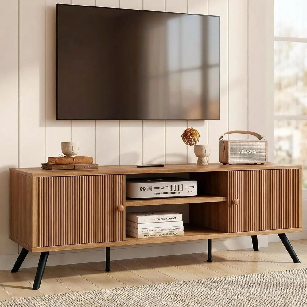 Valencia Collection | Low-Profile Brass-Accented Walnut Media Console - revealing tonal warmth and surface patina under ambient light in a Mid-Century Modern entryway setting.
