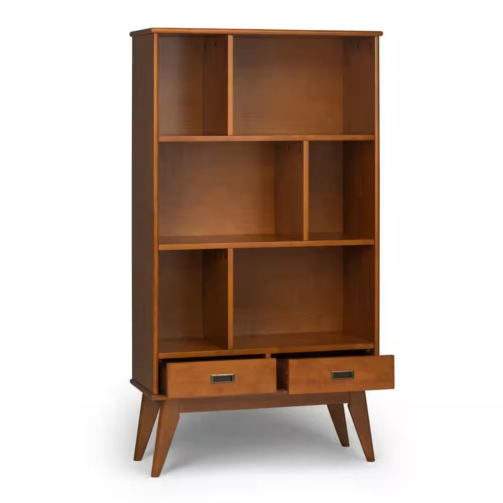 Draper Solid Hardwood 64 In. X 35 In. Mid-Century Modern Wide Bookcase and Storage Unit in Teak Brown