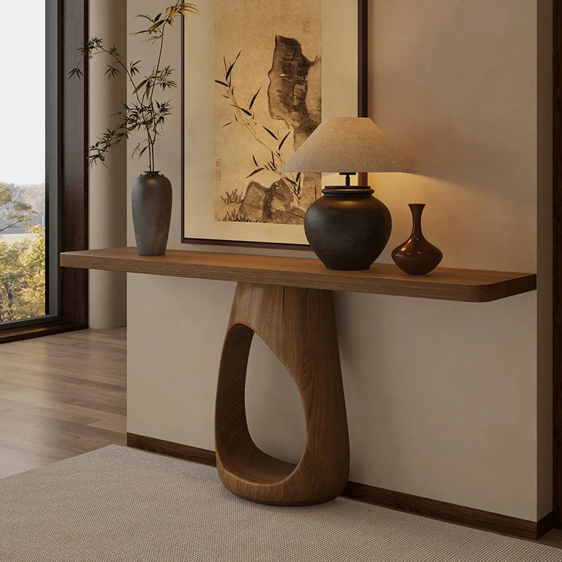 Valencia Collection | Architectural Walnut Console Table - showcasing full sculptural form and curated finish in a Mid-Century Modern entryway setting.