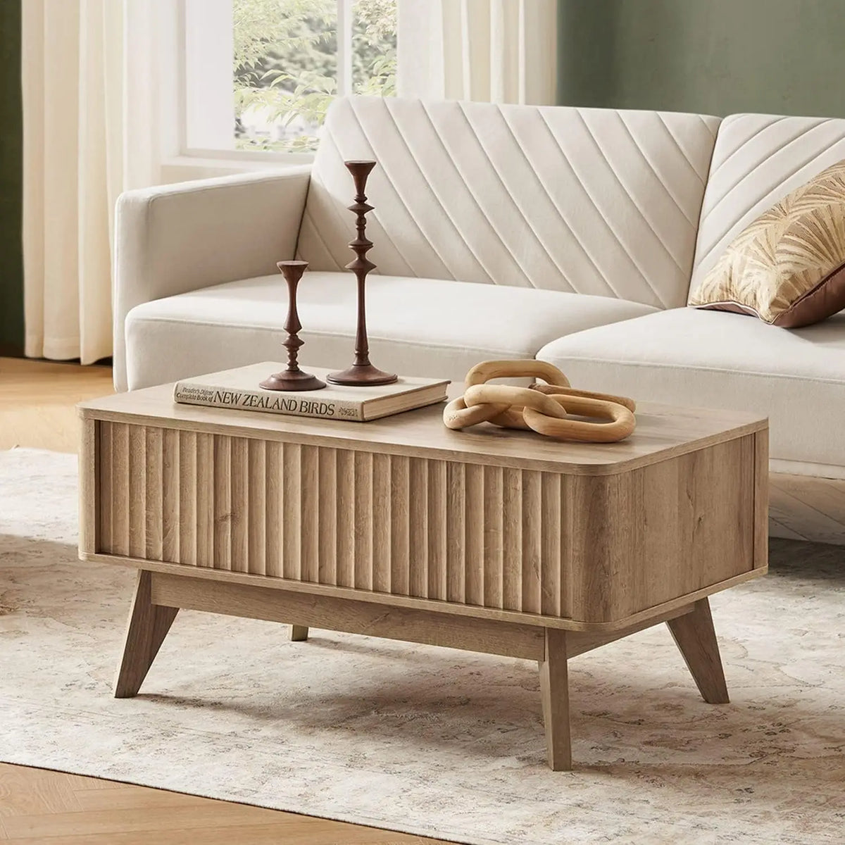 Belmont Collection | Tapered-Leg Atomic-Era Walnut Lift-Top - exhibiting shadow play and geometric silhouette detail in a Mid-Century Modern living room setting.