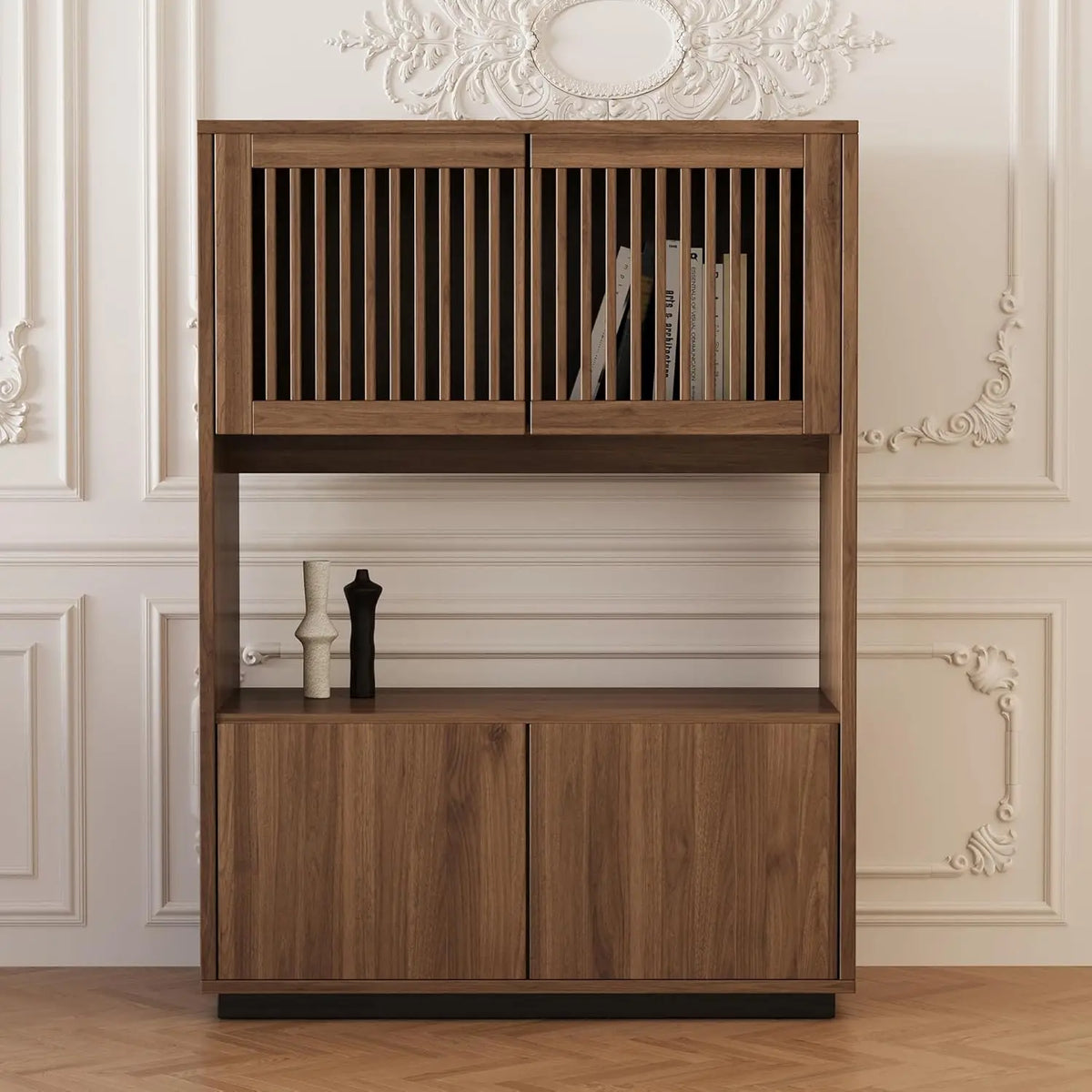 Dresden Collection | Compact Nordic Walnut Storage Cabinet - styled from an alternate angle revealing dimensional depth in a Mid-Century Modern living room setting.