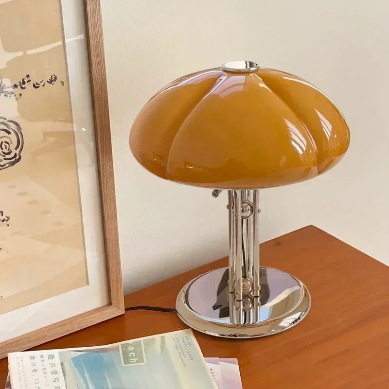 Fontaine Collection | Splayed-Leg Atomic-Era Ceramic Mushroom Table Lamp - showcasing full sculptural form and curated finish in a Mid-Century Modern living room setting.