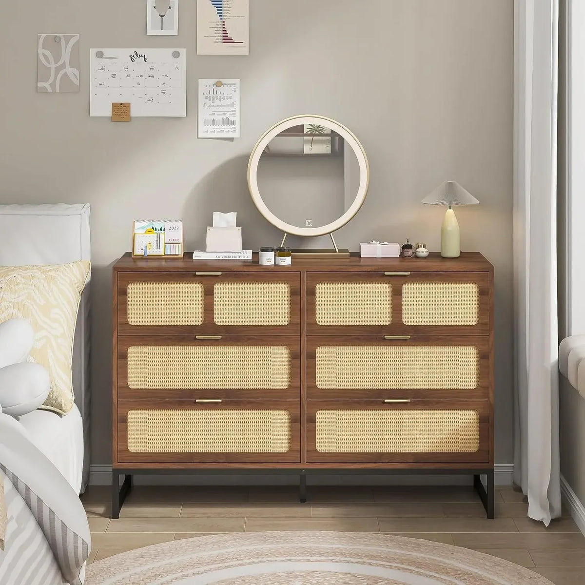 Belmont Collection | Tapered-Leg Brass-Accented Walnut Six-Drawer Dresser - detail view 13 revealing design nuance in a Mid-Century Modern bedroom setting.