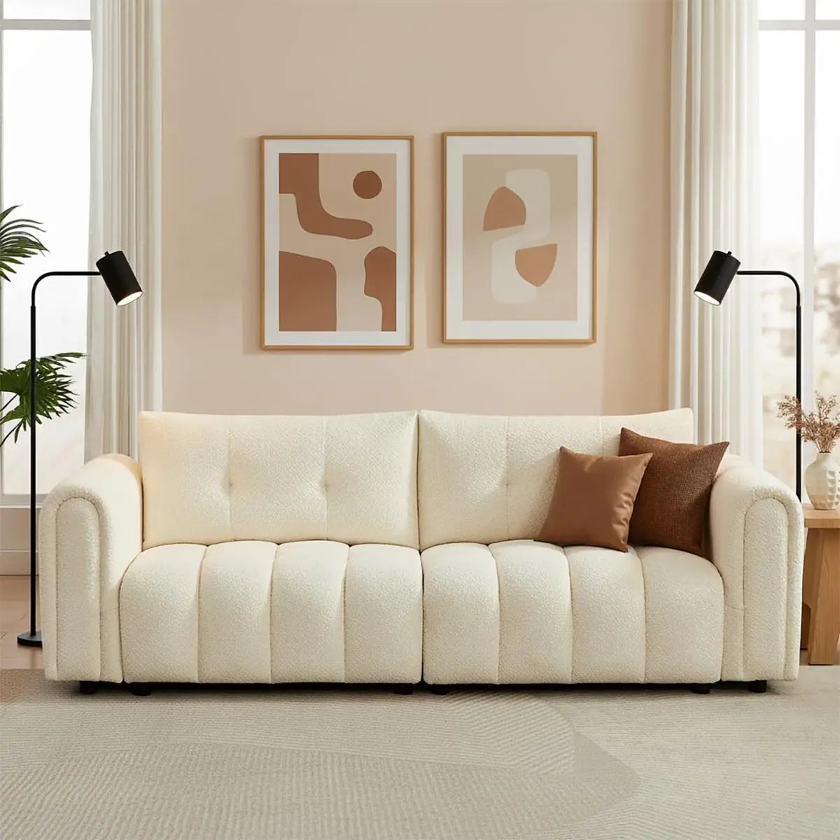 Fontaine Collection | Sculptural Atomic-Era Boucle Sofa - styled from an alternate angle revealing dimensional depth in a Mid-Century Modern living room setting.