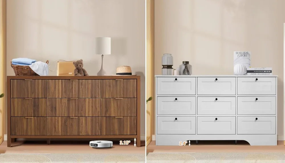 Belmont Collection | Tapered-Leg Atomic-Era Walnut 9-Drawer Dresser - highlighting material texture and craftsmanship detail in a Mid-Century Modern bedroom setting.