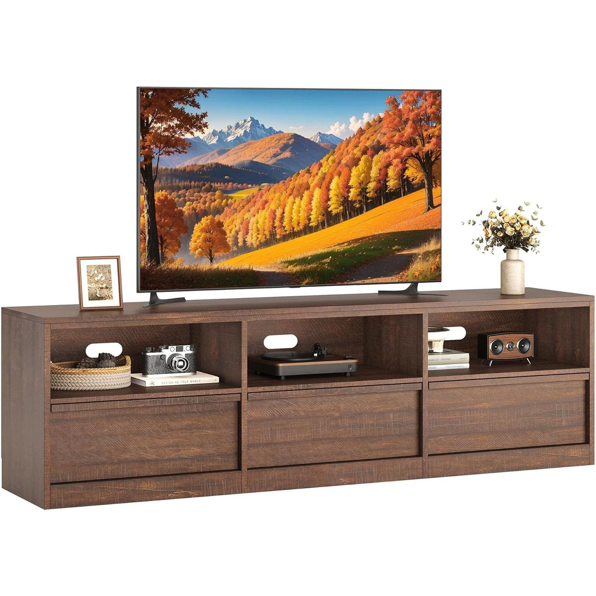 Dresden Collection | Tapered-Leg Brass-Accented Walnut Media Console - showcasing form and function in daily use context in a Mid-Century Modern entryway setting.