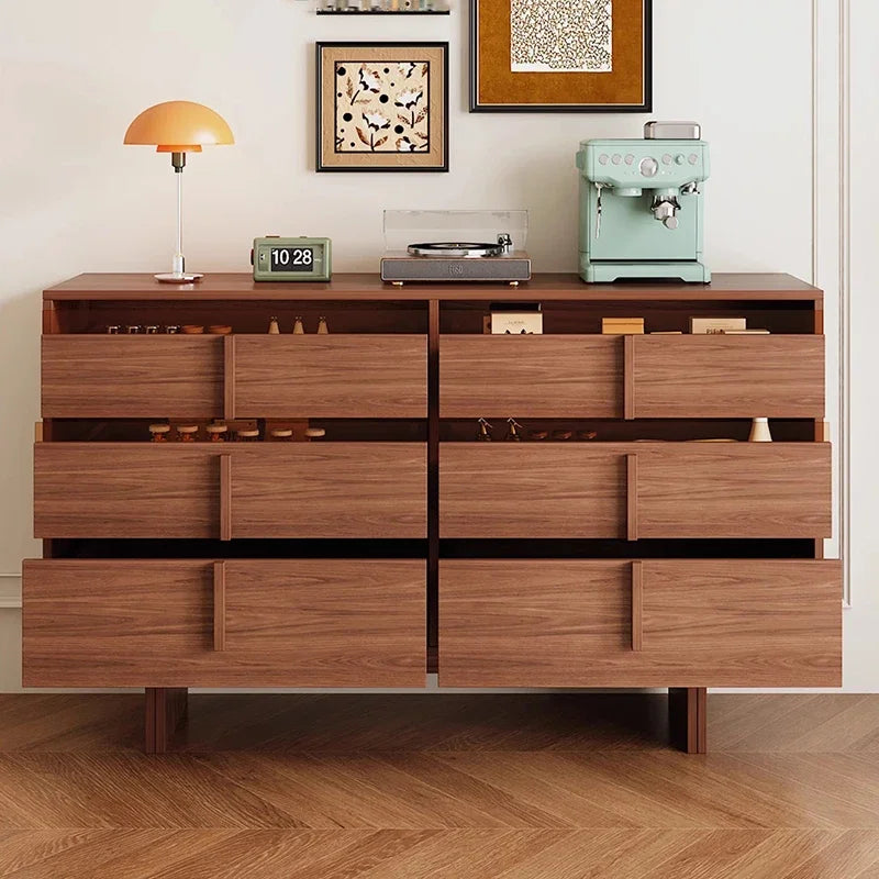 Dresden Collection | Geometric Brass-Accented Walnut Storage Cabinet - highlighting material texture and craftsmanship detail in a Mid-Century Modern living room setting.