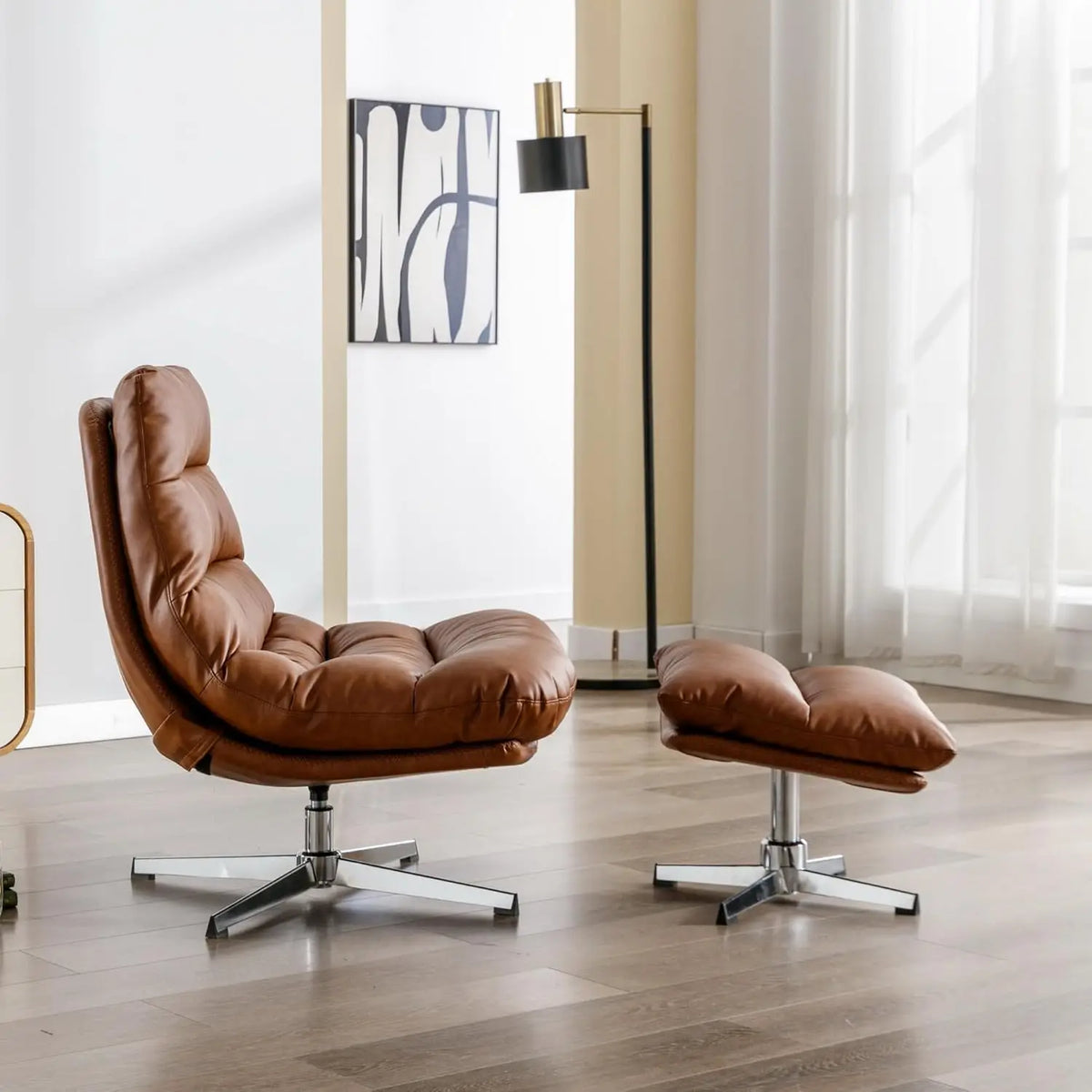 Ellington Collection | Floating Leather-Wrapped Walnut Swivel Chair and Ottoman - revealing tonal warmth and surface patina under ambient light in a Mid-Century Modern living room setting.