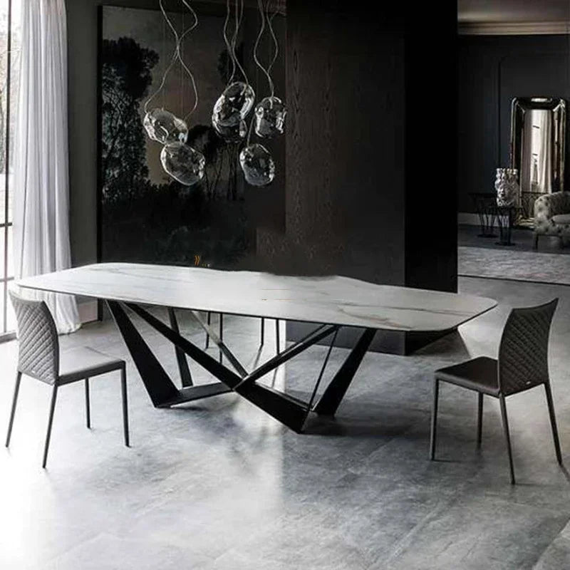 Dresden Collection | Arched Marble-Topped Polished Obsidian Marble Dining Table - styled from an alternate angle revealing dimensional depth in a Mid-Century Modern dining room setting.