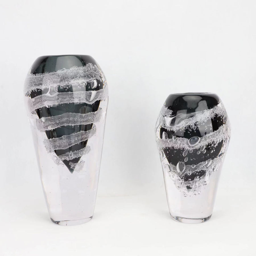 Fontaine Collection | Splayed-Leg Glass-Topped Bubble Glass Vase - showcasing full sculptural form and curated finish in a Mid-Century Modern living room setting.