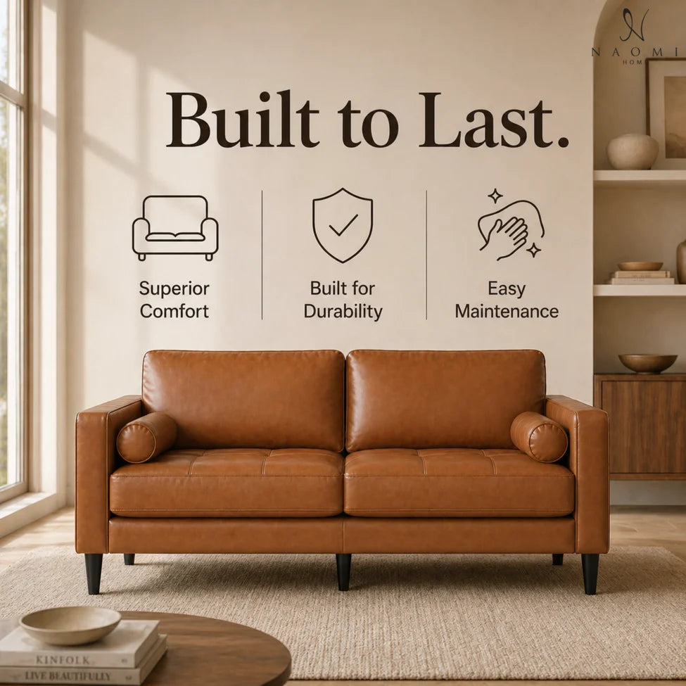 Marisa Genuine Leather Mid-Century Modern Sofa, Removable Cushions, Matching Bolster Pillows, Plush Foam Comfort, Sturdy Hardwood Frame, Spacious 3-Seater Seating, Tan