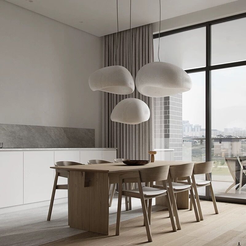 Hiroshi Collection | Sculptural Steel-Framed Bamboo & Steel Pendant - captured in a curated lifestyle vignette in a Mid-Century Modern living room setting.