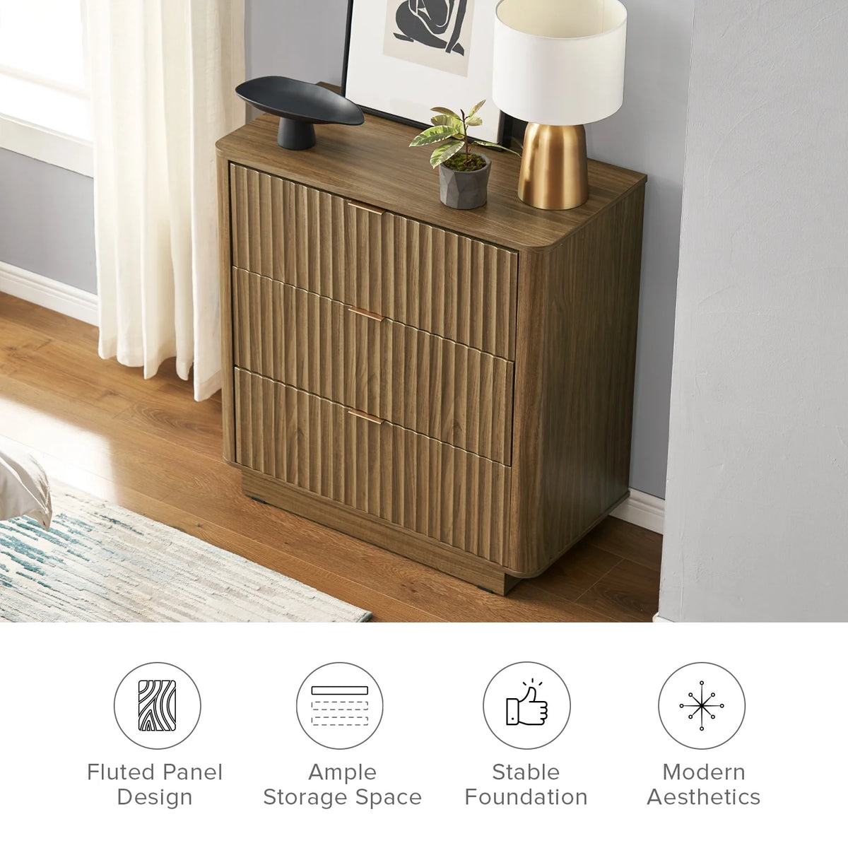 Brooklyn Mid-Century Modern Dresser Credenza, Waveform Panel, 3 Drawers, Anti-Tipping (Walnut)