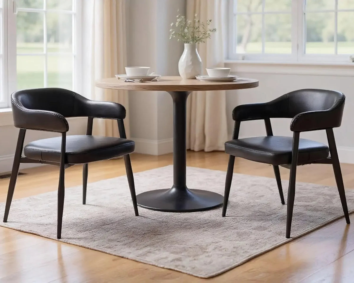 Astoria Collection | Geometric Marble-Topped Leather Armchairs - Set of 2 - showcasing full sculptural form and curated finish in a Mid-Century Modern living room setting.