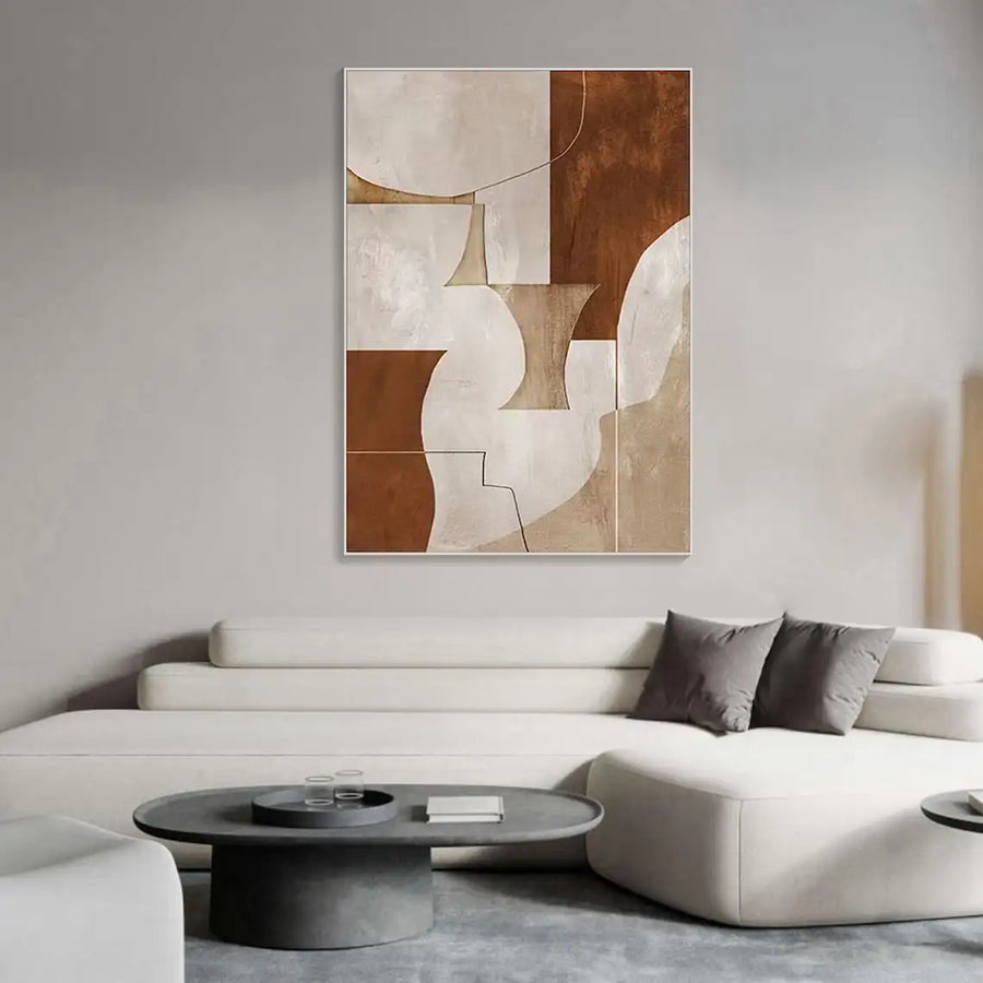 Earth Tone Harmony: Mid-Century Abstract Geometric Oil Painting on Canvas